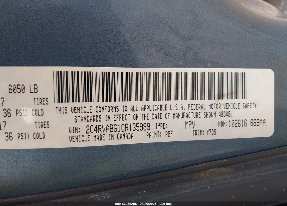2012 VOLKSWAGEN ROUTAN SE VIN: 2C4RVABG1CR135989
