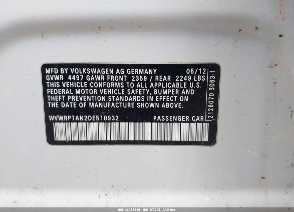 2013 VOLKSWAGEN CC 2.0T LUX VIN: WVWRP7AN2DE510932