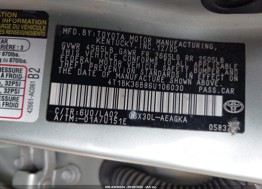 2006 TOYOTA AVALON VIN: 4T1BK36B86U106030