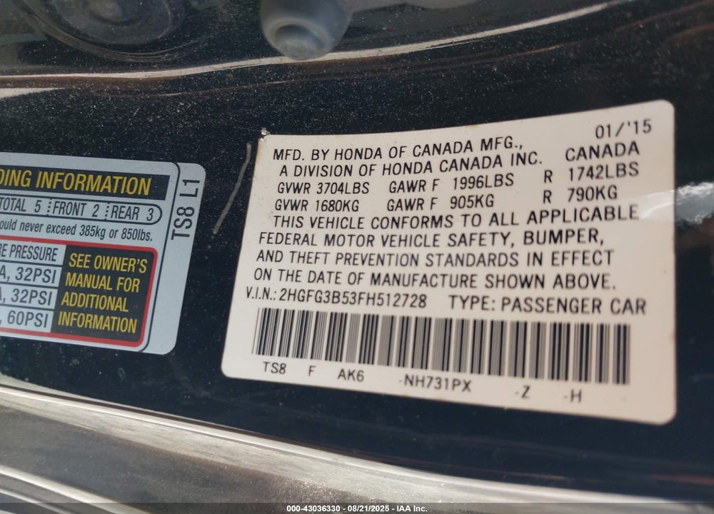 2015 HONDA CIVIC LX VIN: 2HGFG3B53FH512728