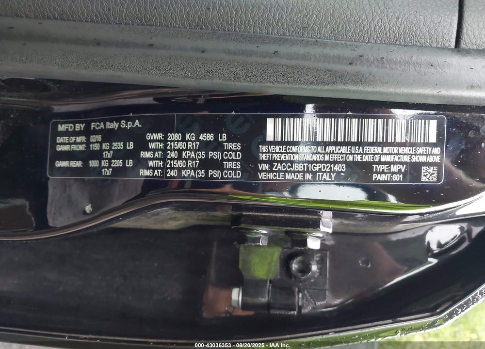 2016 JEEP RENEGADE VIN: ZACCJBBT1GPD21403