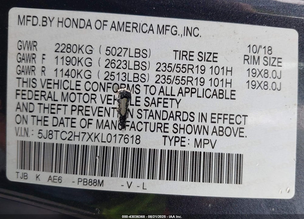2019 ACURA RDX VIN: 5J8TC2H7XKL017618