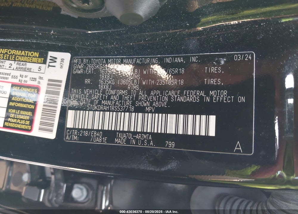 2024 TOYOTA HIGHLANDER VIN: 5TDKDRAH1RS537718