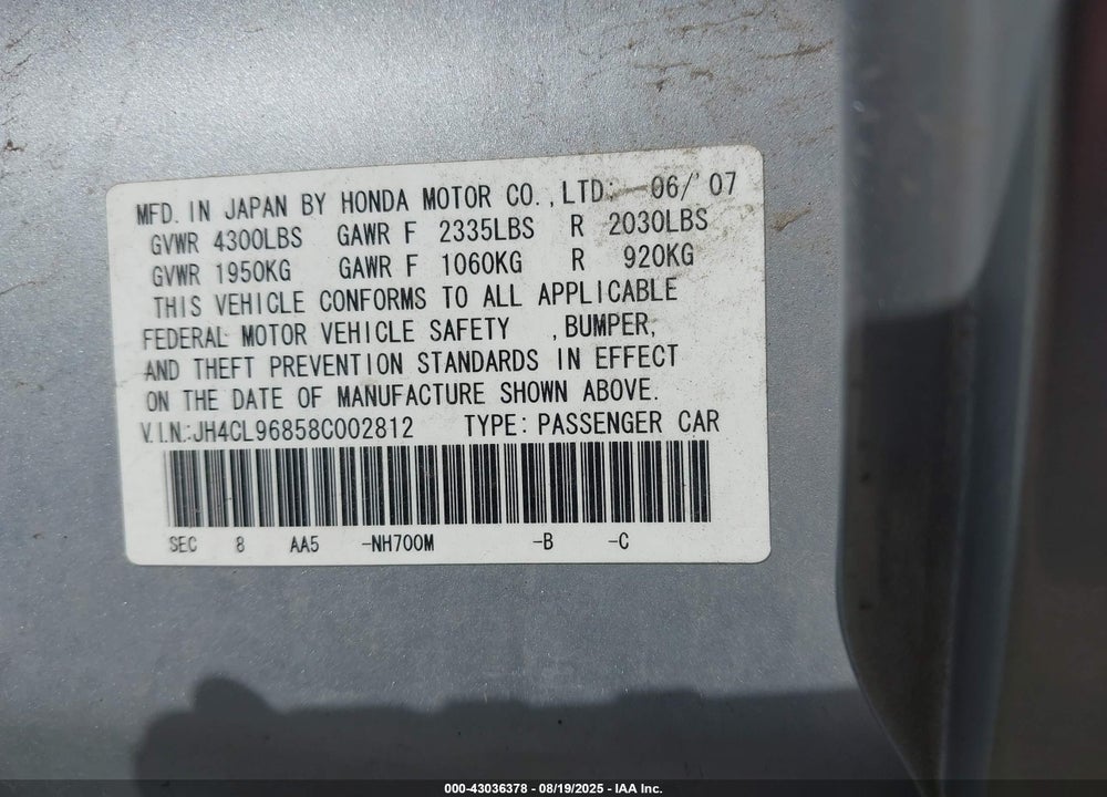 2008 ACURA TSX VIN: JH4CL96858C002812