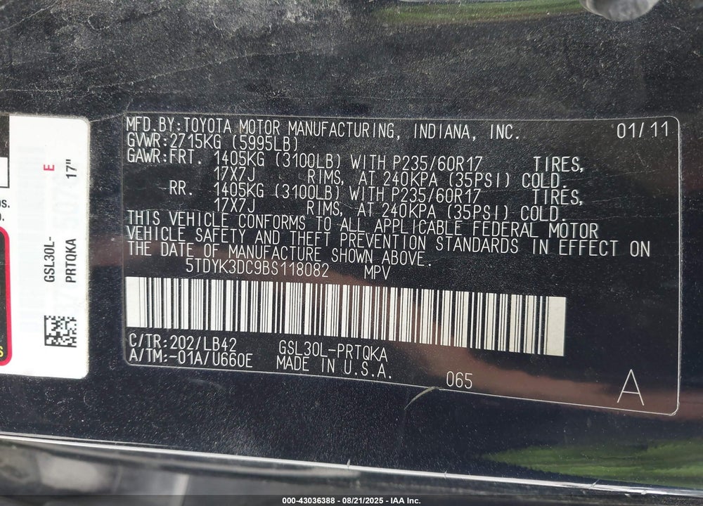 2011 TOYOTA SIENNA XLE V6 VIN: 5TDYK3DC9BS118082