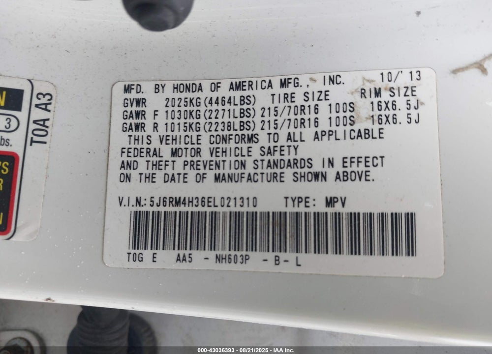 2014 HONDA CR-V VIN: 5J6RM4H36EL021310