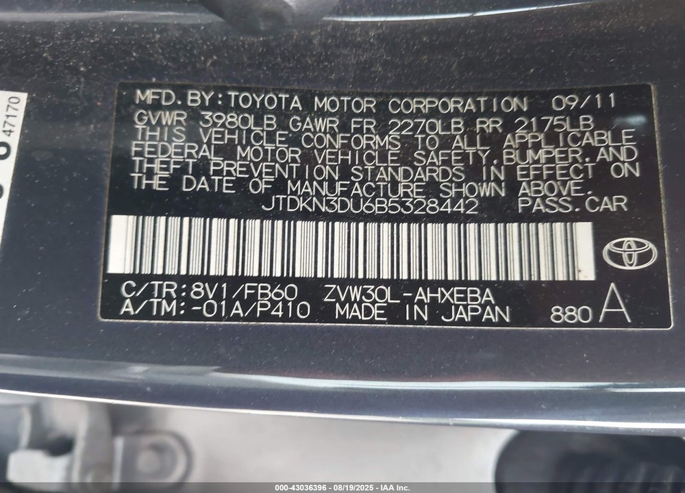 2011 TOYOTA PRIUS VIN: JTDKN3DU6B5328442