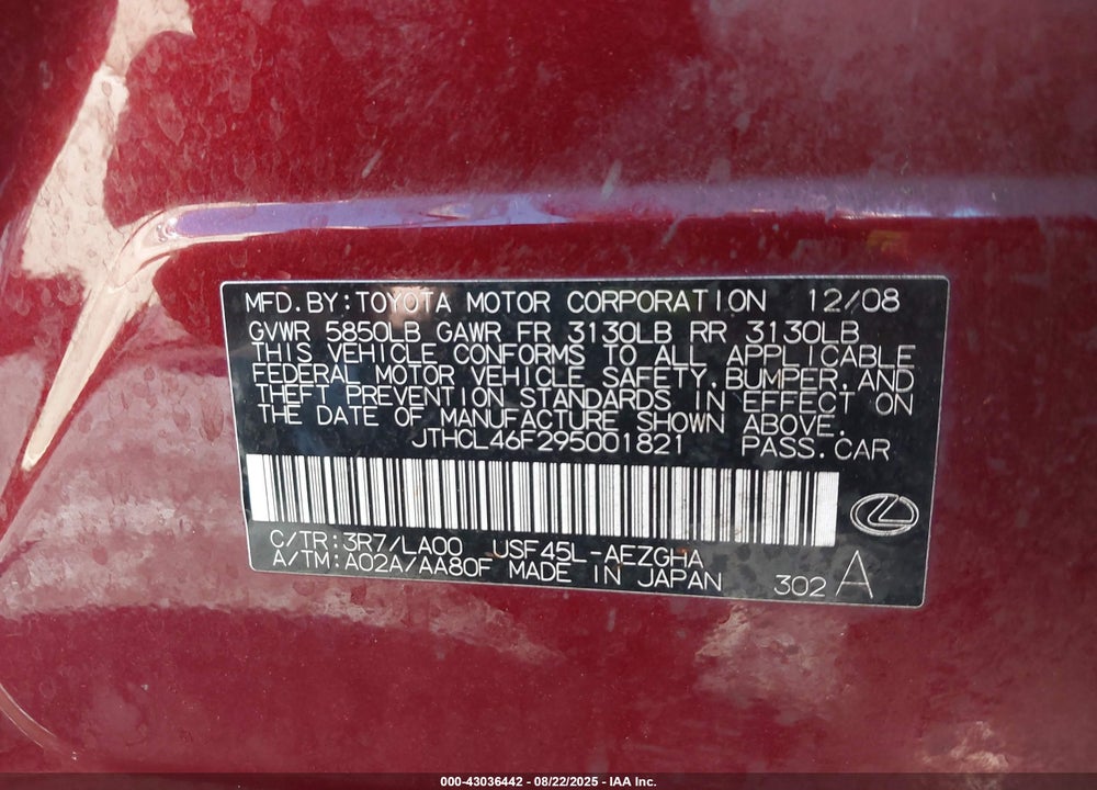 2009 LEXUS LS 460 VIN: JTHCL46F295001821