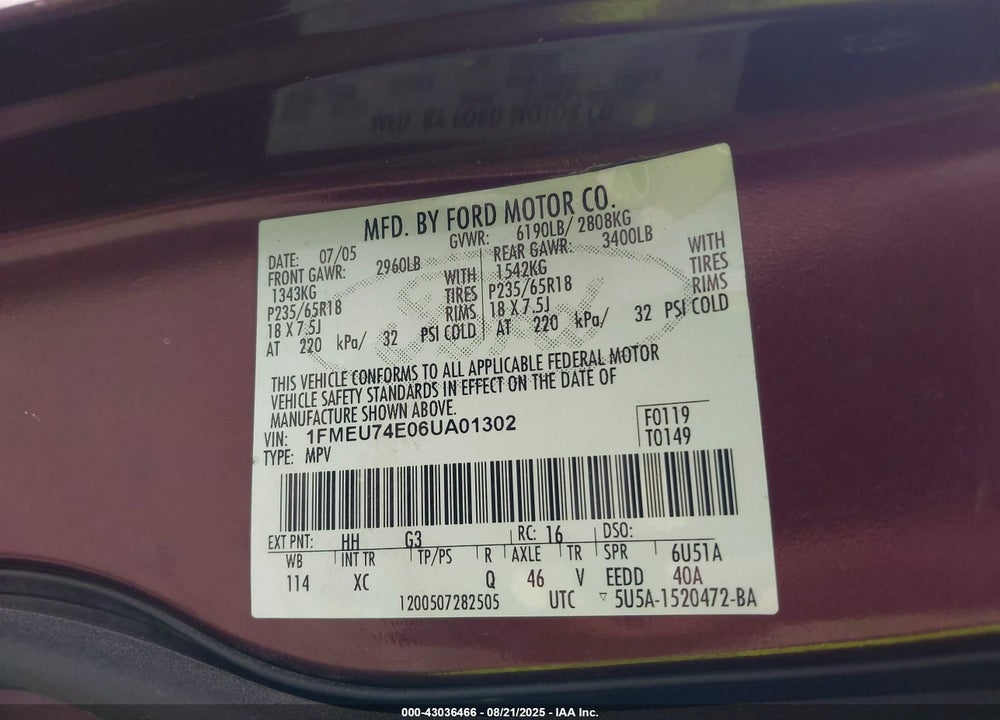 2006 FORD EXPLORER EDDIE BAUER VIN: 1FMEU74E06UA01302