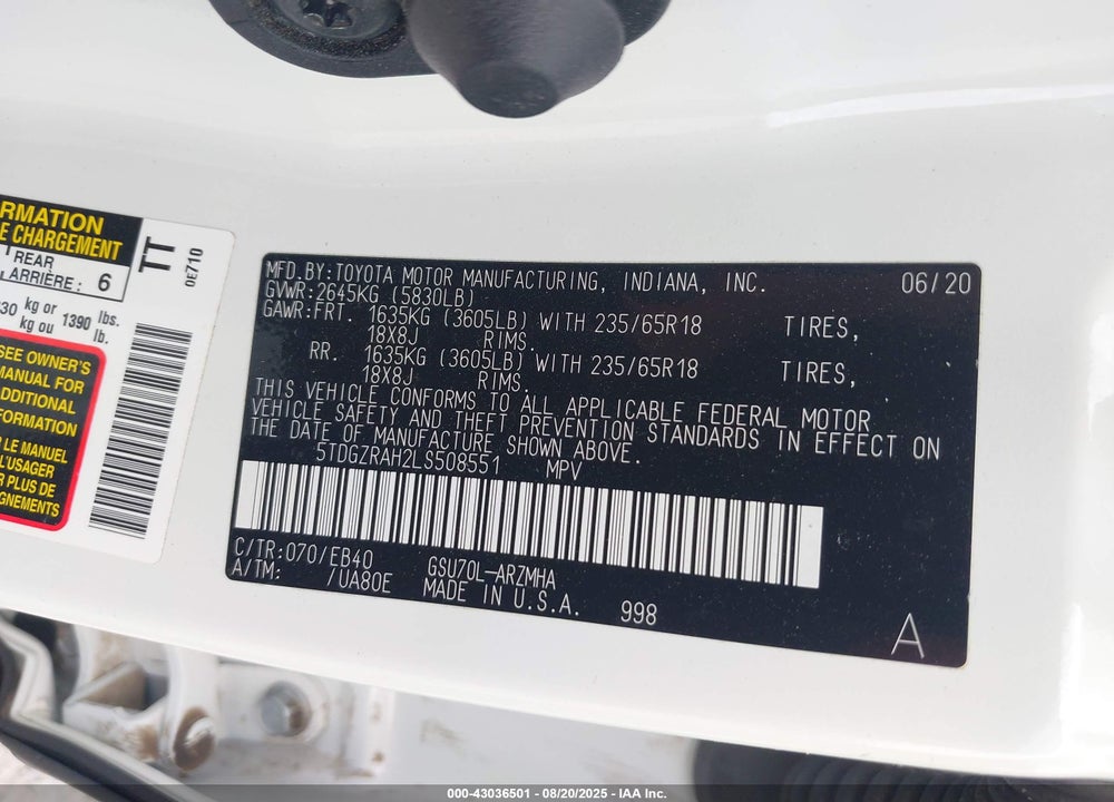 2020 TOYOTA HIGHLANDER VIN: 5TDGZRAH2LS508551