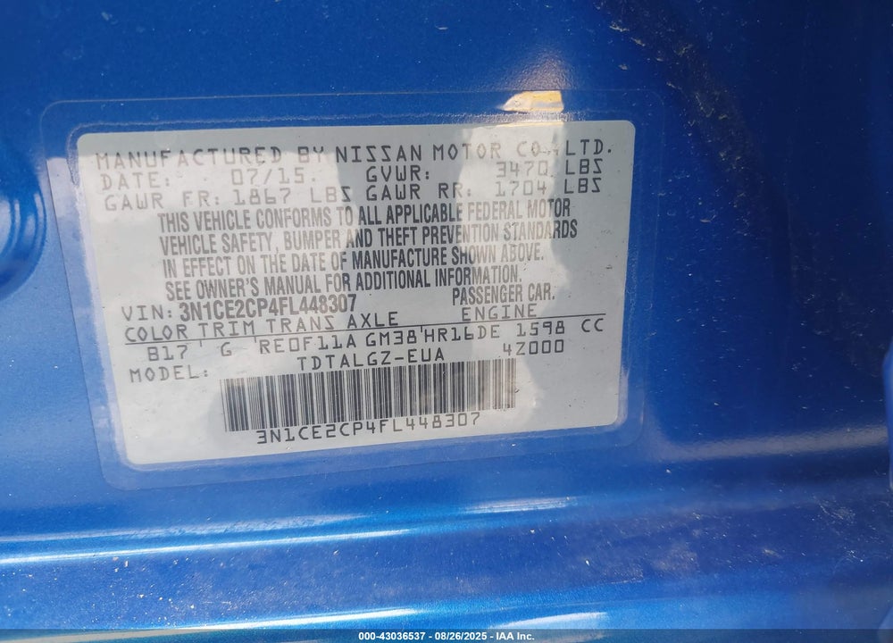 2015 NISSAN VERSA NOTE VIN: 3N1CE2CP4FL448307