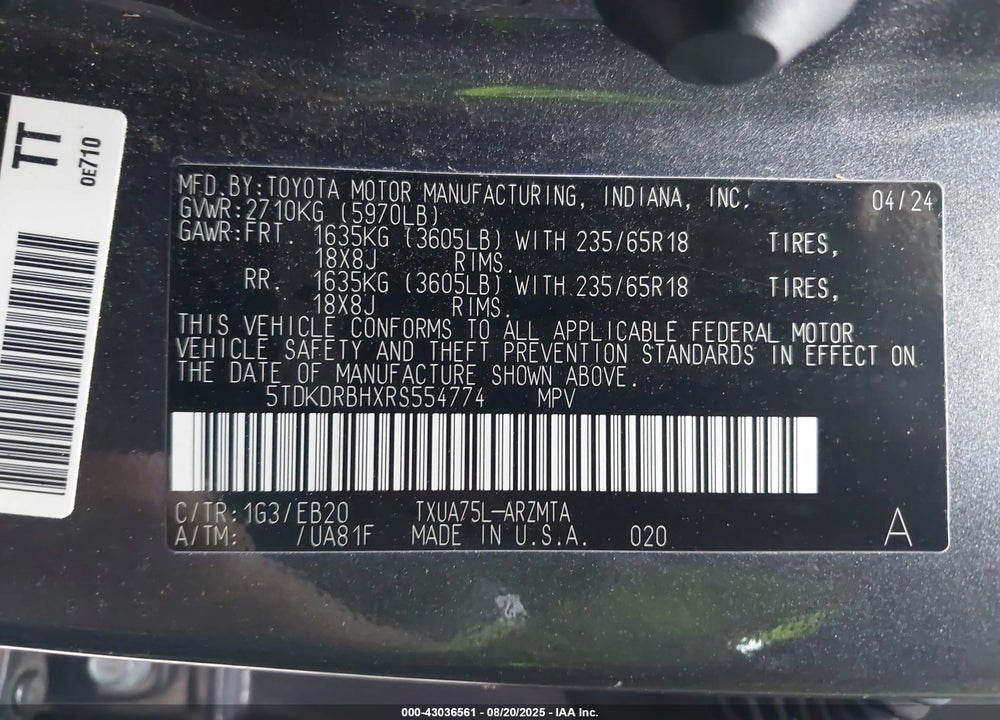 2024 TOYOTA HIGHLANDER VIN: 5TDKDRBHXRS554774