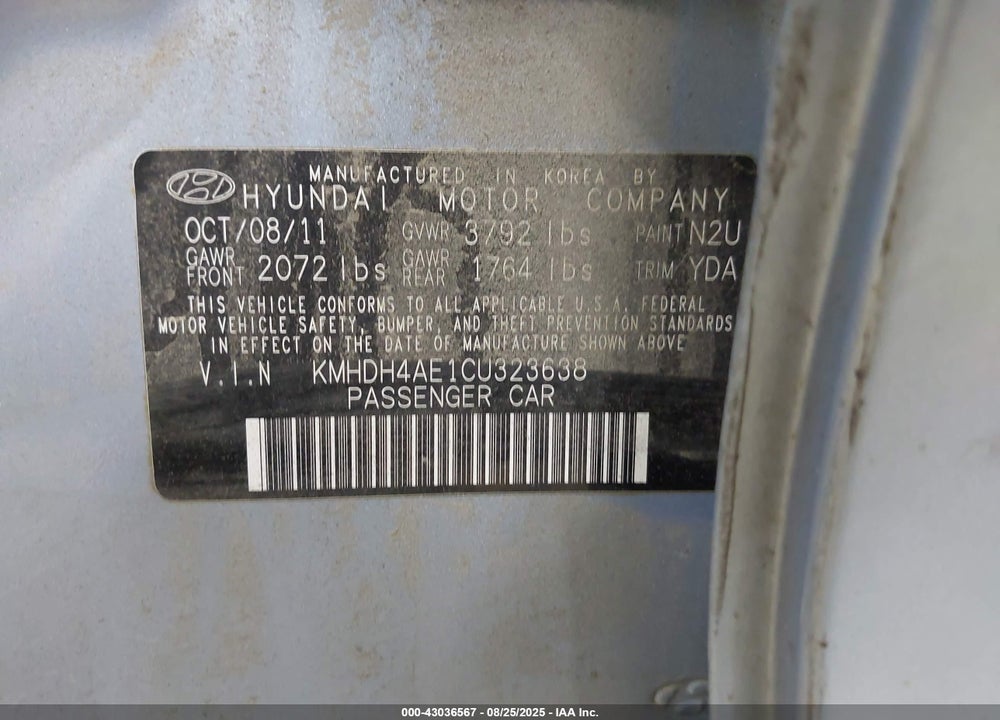 2012 HYUNDAI ELANTRA VIN: KMHDH4AE1CU323638