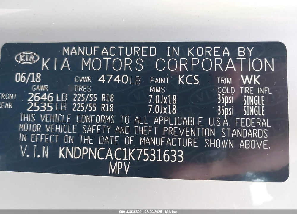 2019 KIA SPORTAGE VIN: KNDPNCAC1K7531633