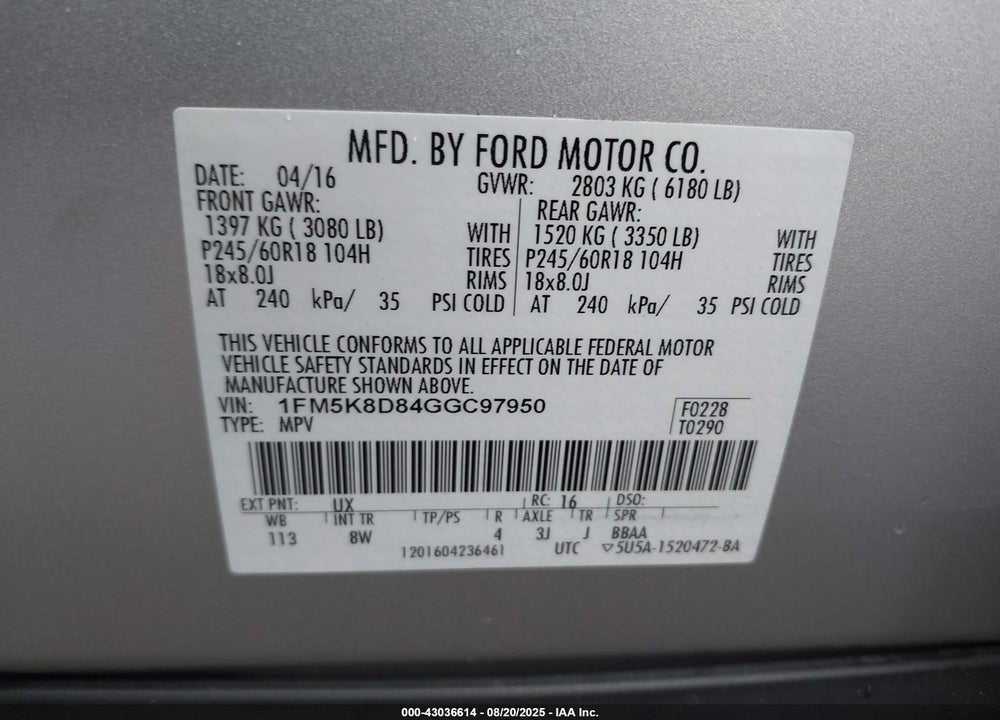 2016 FORD EXPLORER VIN: 1FM5K8D84GGC97950