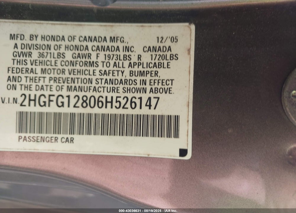 2006 HONDA CIVIC VIN: 2HGFG12806H526147