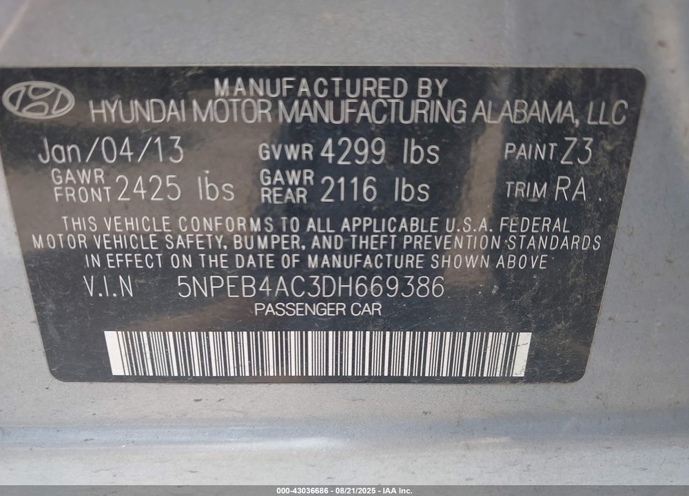 2013 HYUNDAI SONATA VIN: 5NPEB4AC3DH669386