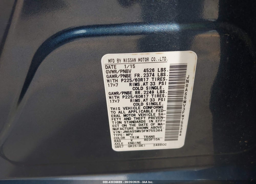 2015 NISSAN ROGUE VIN: JN8AS5MV3FW755364