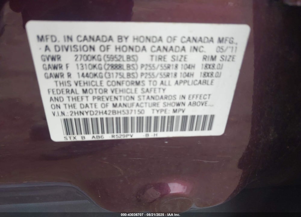 2011 ACURA MDX VIN: 2HNYD2H42BH537150