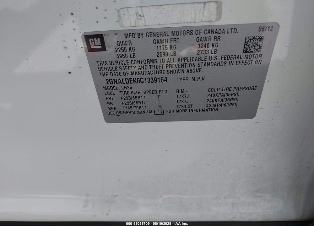 2012 CHEVROLET EQUINOX 1LT VIN: 2GNALDEK6C1339164
