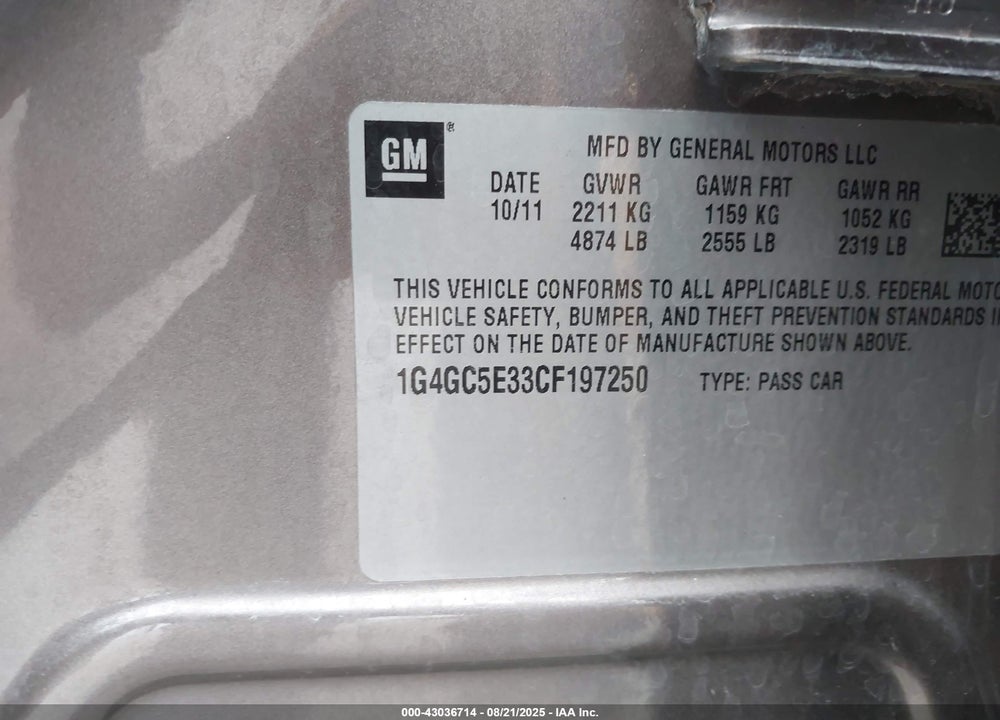 2012 BUICK LACROSSE VIN: 1G4GC5E33CF197250