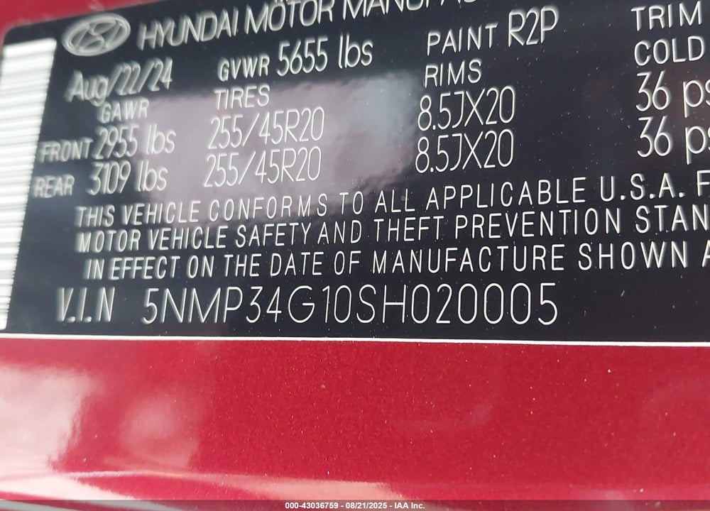 2025 HYUNDAI SANTA FE HYBRID VIN: 5NMP34G10SH020005