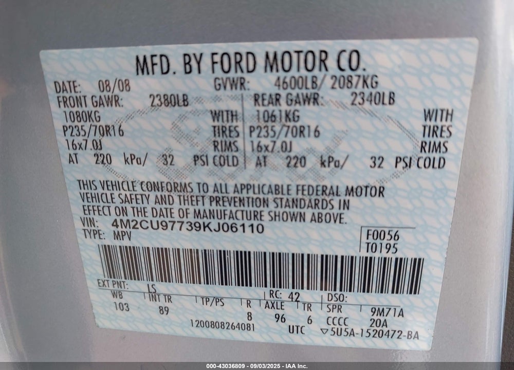 2009 MERCURY MARINER VIN: 4M2CU97739KJ06110