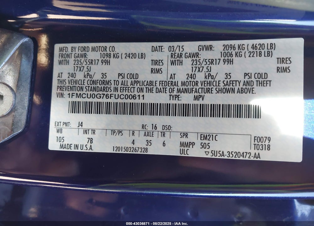 2015 FORD ESCAPE VIN: 1FMCU0G76FUC00611