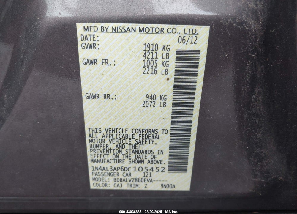 2013 NISSAN ALTIMA VIN: 1N4AL3AP6DC105452