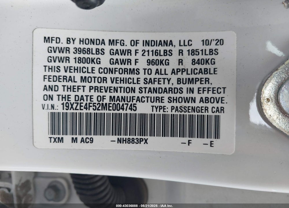 2021 HONDA INSIGHT VIN: 19XZE4F52ME004745