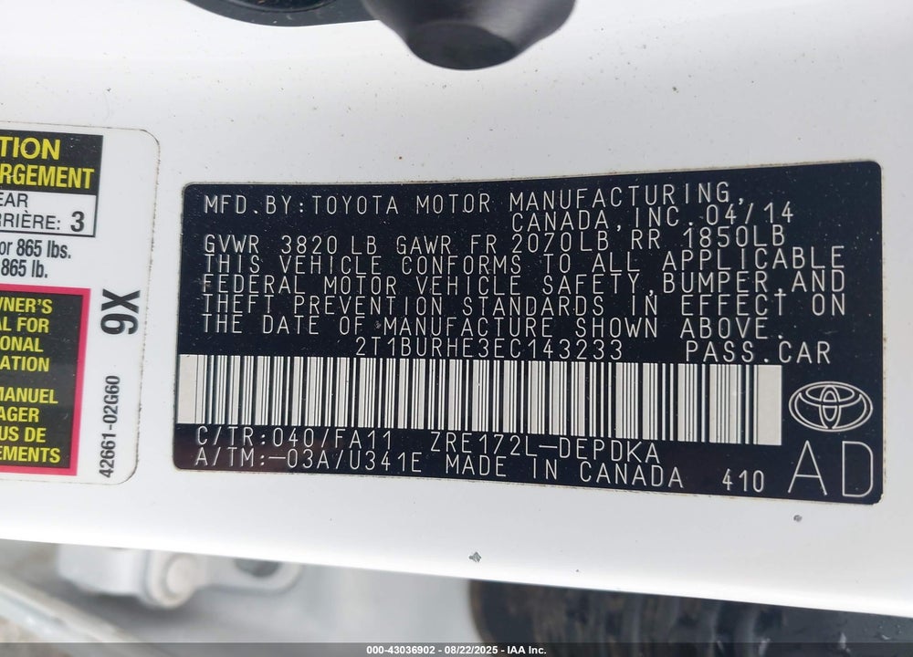2014 TOYOTA COROLLA VIN: 2T1BURHE3EC143233
