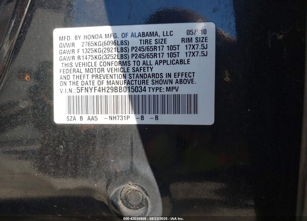 2011 HONDA PILOT VIN: 5FNYF4H29BB015034