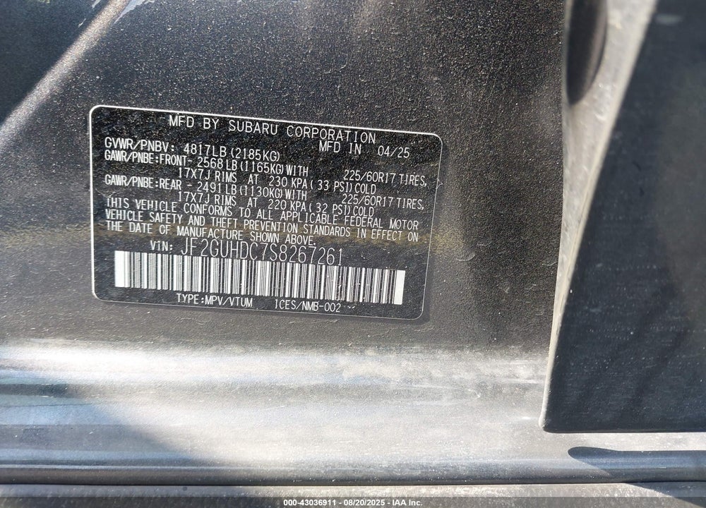 2025 SUBARU CROSSTREK VIN: JF2GUHDC7S8267261