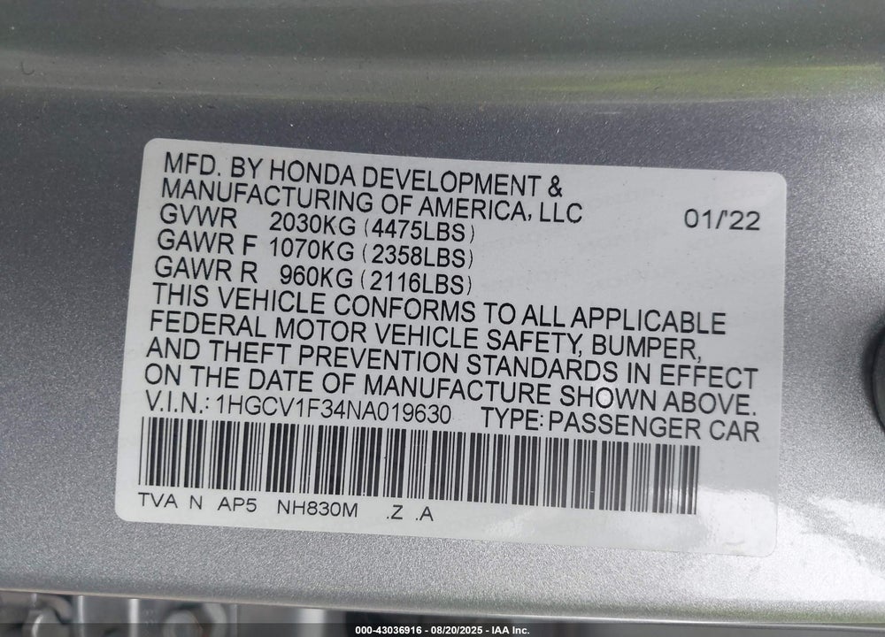2022 HONDA ACCORD VIN: 1HGCV1F34NA019630