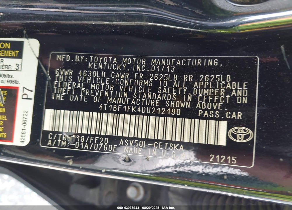 2013 TOYOTA CAMRY VIN: 4T1BF1FK4DU212190