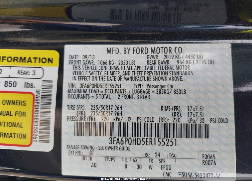 2014 FORD FUSION VIN: 3FA6P0HD5ER155251