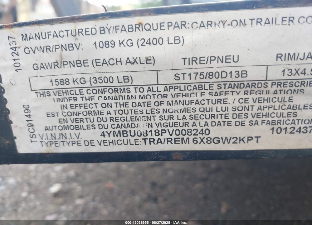 2023 CARRY ON TRAILER VIN: 4YMBU0818PV008240