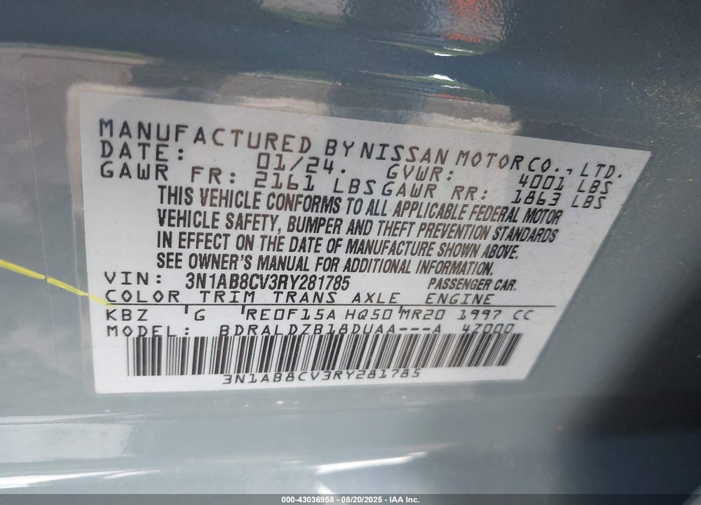 2024 NISSAN SENTRA VIN: 3N1AB8CV3RY281785