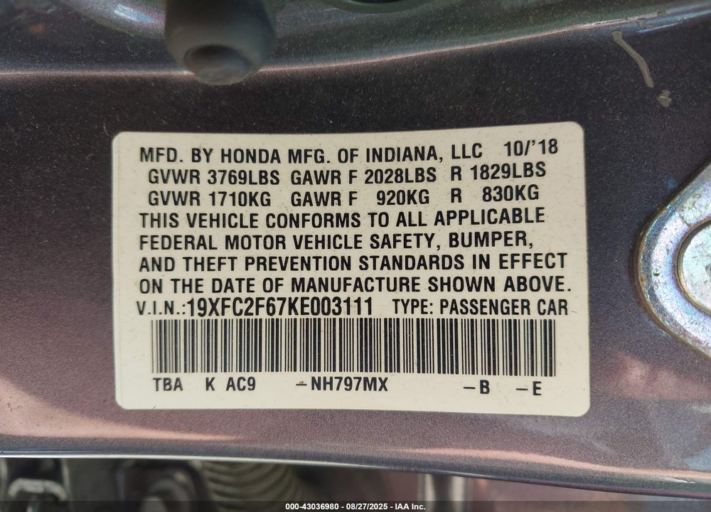 2019 HONDA CIVIC LX VIN: 19XFC2F67KE003111