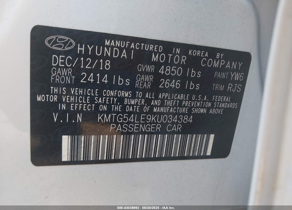 2019 GENESIS G70 VIN: KMTG54LE9KU034384