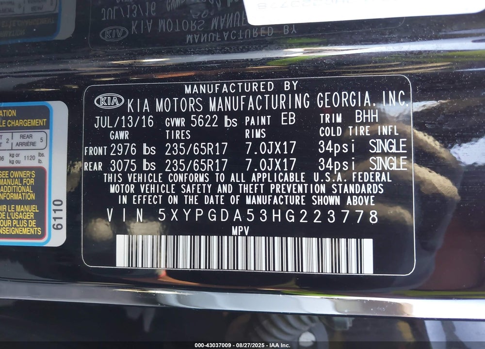 2017 KIA SORENTO VIN: 5XYPGDA53HG223778