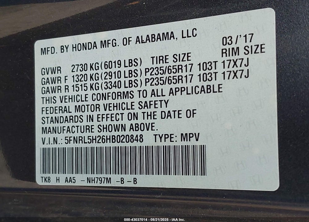 2017 HONDA ODYSSEY VIN: 5FNRL5H26HB020848