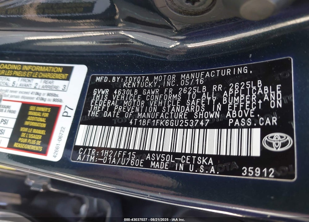 2016 TOYOTA CAMRY SE VIN: 4T1BF1FK6GU253747