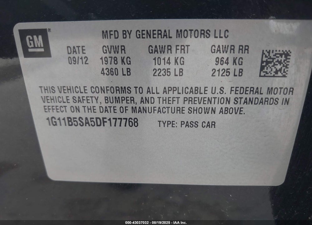 2013 CHEVROLET MALIBU VIN: 1G11B5SA5DF177768
