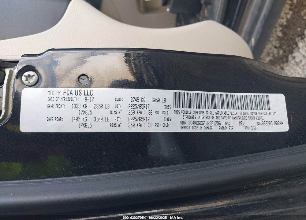 2017 DODGE GRAND CARAVAN SXT VIN: 2C4RDGCG1HR861296
