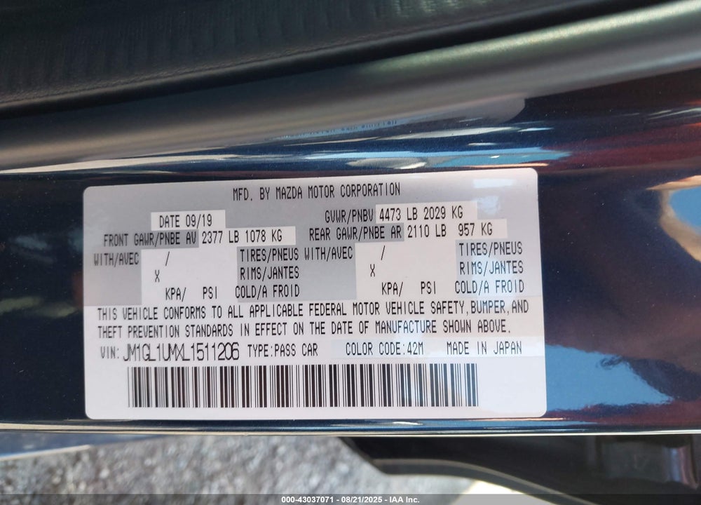 2020 MAZDA 6 VIN: JM1GL1UMXL1511206