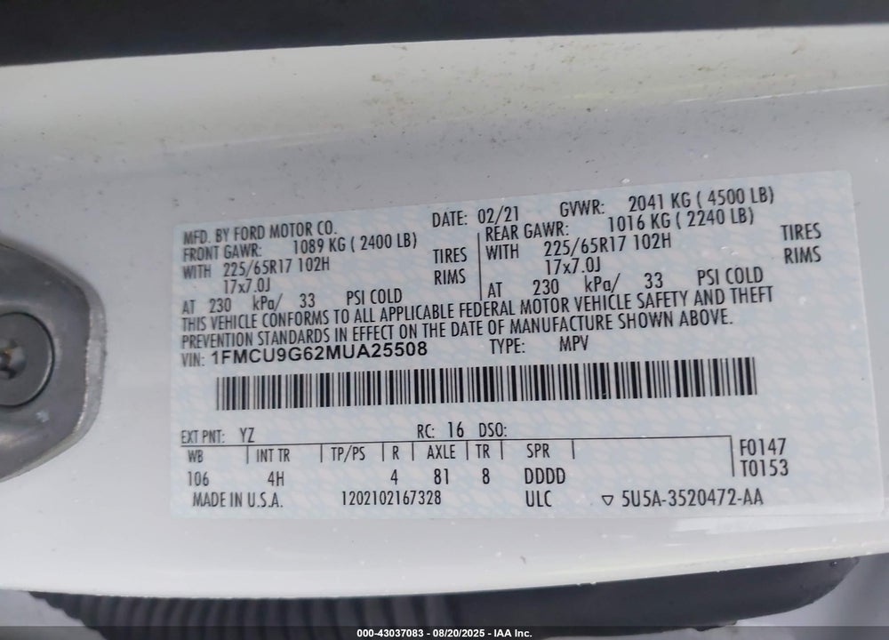 2021 FORD ESCAPE VIN: 1FMCU9G62MUA25508