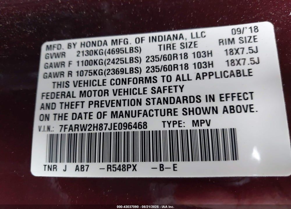 2018 HONDA CR-V VIN: 7FARW2H87JE096468