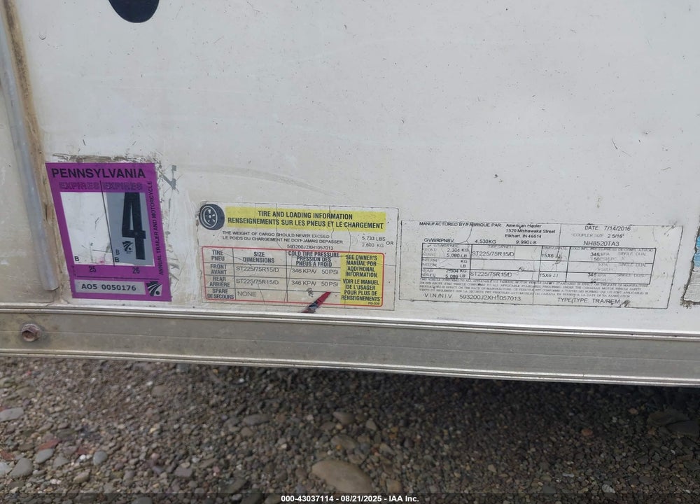 2017 AMERICAN HAULER ENCLOSED TRAILER VIN: 593200J2XH1057013