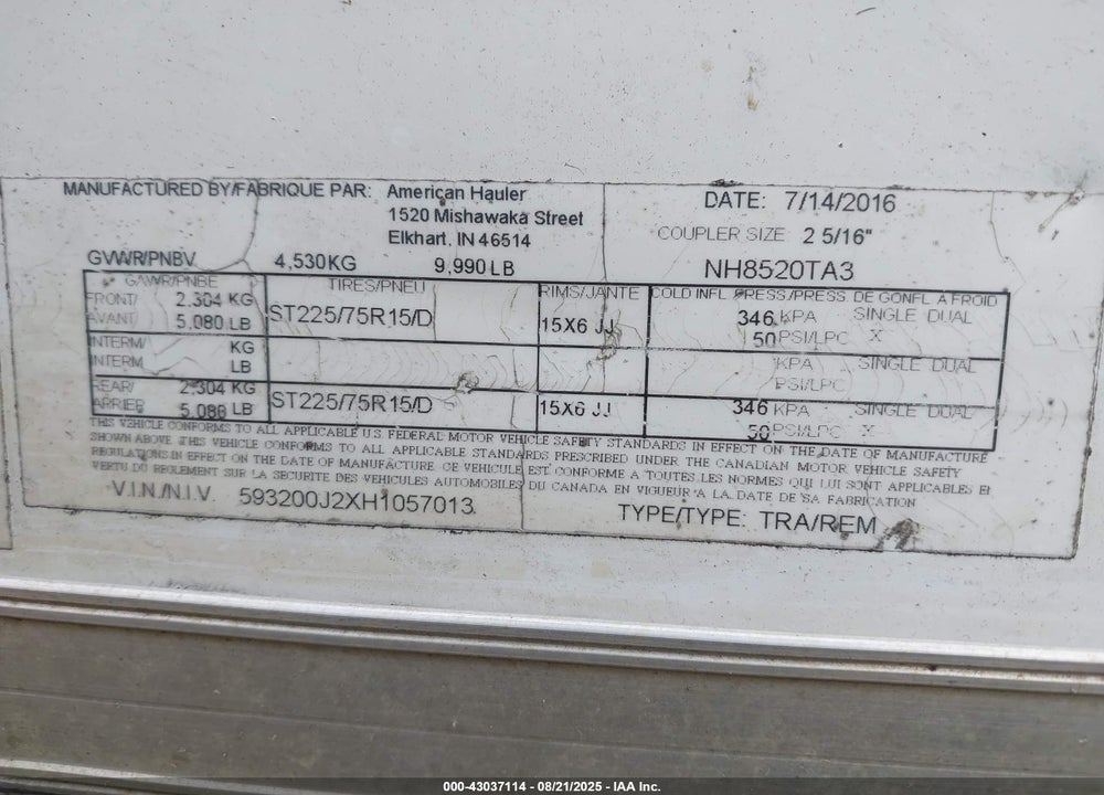 2017 AMERICAN HAULER ENCLOSED TRAILER VIN: 593200J2XH1057013
